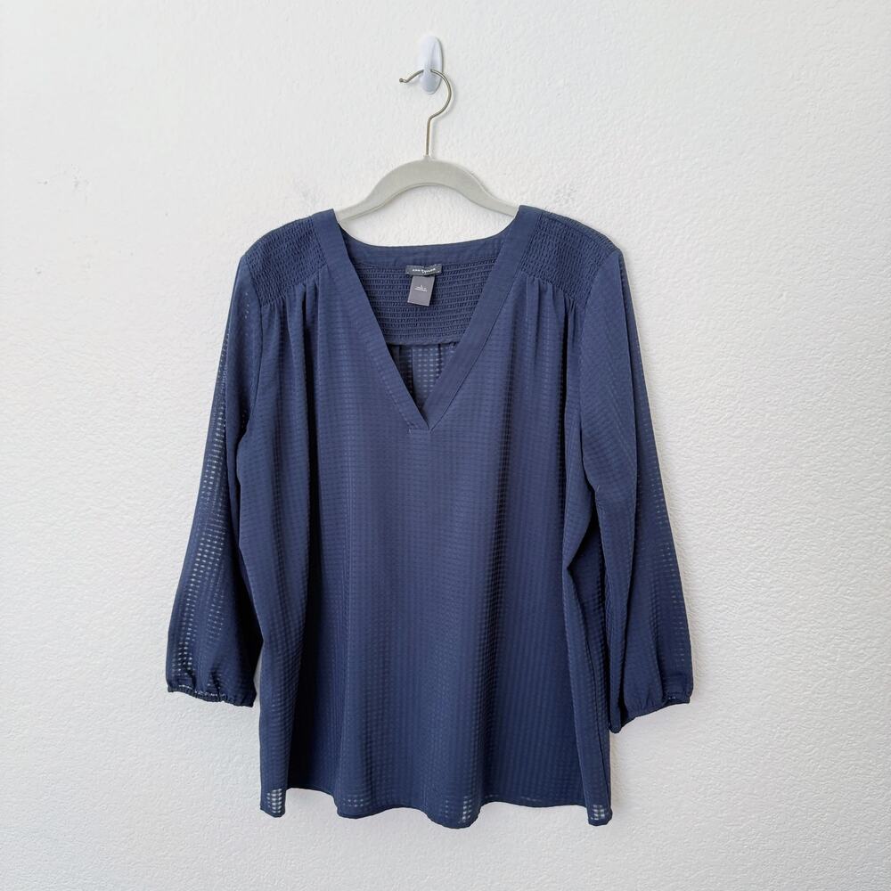 [Ann Taylor] Navy Blue V-Neck Chiffon Blouse 3/4 Length Sleeves Work Sz Large L